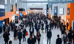 a group of people walking in a convention center