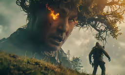 a man with a fire on his head and two fire coming from his face
