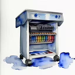 a drawing of a store vending machine with a blue watercolor paint background,this is an illustration of a watercolor painted rack with colors on the bottom shelf