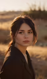 a woman is looking up while wearing a black jacket