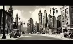 this is the old time time picture of cars parked on a street in a city