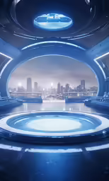 futuristic city scene with circular lights over a body of water