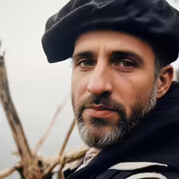 an older man with a beard wearing a black hat