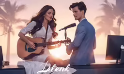 a man and woman singing into a microphone while the woman plays a guitar