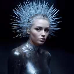 the model is dressed as a punk chick, with spiked bangs and a black bodysuit