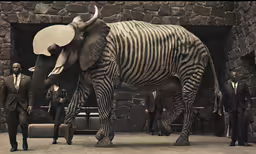 a group of men wearing suits stand near an elephant