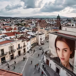 a woman is looking over a city rooftop