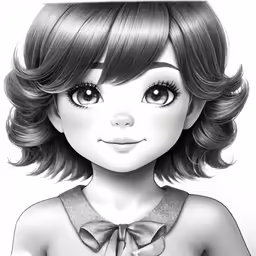 a girl with big eyes is standing with her hair up and a tie on
