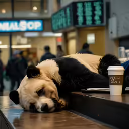 a dog is lying down on the table in a shopping center