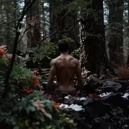 a shirtless man walks in the forest