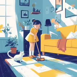 an illustration of a woman sweeping the floor in a living room