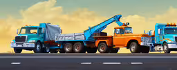two large dump trucks parked on the side of a road,two tow trucks, one is orange and the other blue