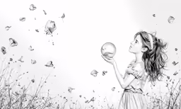 a girl with a bubble flying in a field