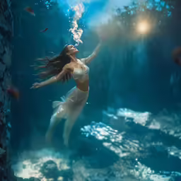 a girl in a tight underwear floating under water