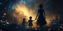 a dark forest, with a woman walking through it and two kids standing in front of them