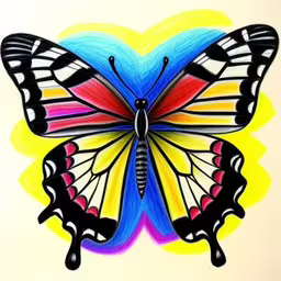 a painting of a butterfly painted on a white sheet,a butterfly is painted in bright colors with black lines,a picture of a colorful butterfly on a white background,a drawing of a butterfly with multicolored wings,an abstract drawing of a multicolored butterfly