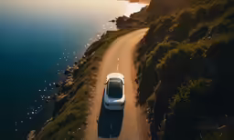 a car is driving on a dirt road next to the ocean