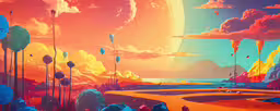 a colorful landscape with many different shapes and sizes,an abstract painting of a landscape and ocean