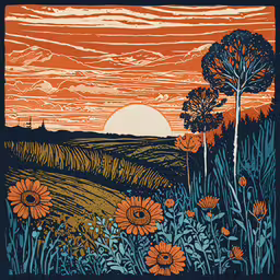 an orange and blue illustration with a sunset in the background,a field with trees and orange flowers in the background