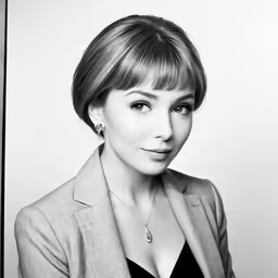 a woman in black dress and jacket posing