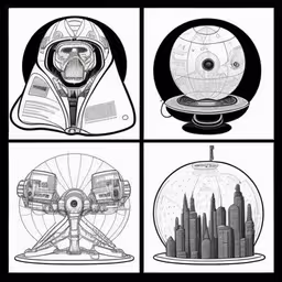 four different star trek images in black and white,a series of drawings of space station art