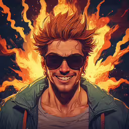 an illustration of a man with blonde hair and sunglasses,an orange - haired man wearing sunglasses is smiling