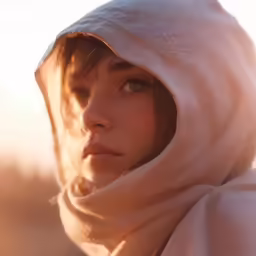 there is a beautiful young woman wearing a hooded blanket