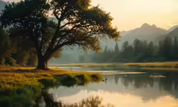 there is a big tree and some water in this lake