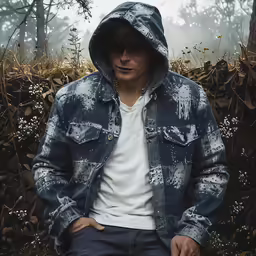 a person sitting in the grass with a hoodie over his head
