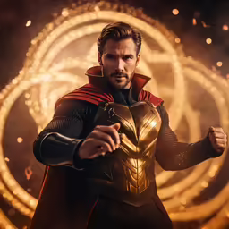 the man in the costume is pointing his fist