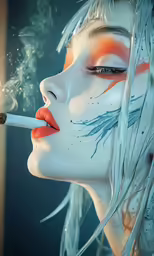 woman with makeup painted in coral, cigarette in mouth and white feathers