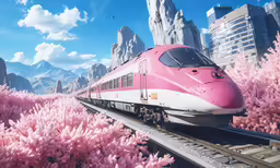 a pink train in the middle of pink trees