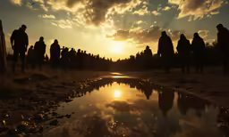 people are standing around a pond watching the sunset