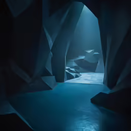 a dimly lit room with an abstract rock wall