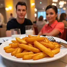 a man and woman sit in the restaurant next to a white plate of fried fries