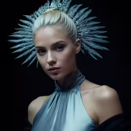 a woman with spiked hair wearing a white dress