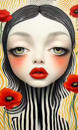 woman with a striped shirt and red poppies