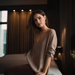 an attractive young woman sitting on a bed