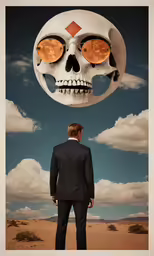 a poster featuring a skeleton head with large eyes in front of a blue sky