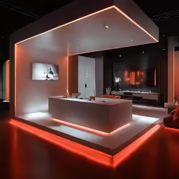 large modern room with a white counter illuminated in red lights