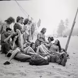 a group of people sitting and standing around on the beach