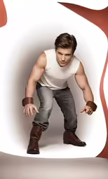 a man in white shirt and boots leans over a floor