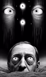 a creepy head with many different eyes, and two staring faces