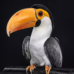 a toucan sitting on a pole with his eyes open