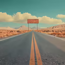the empty road in the desert with a large sign to go