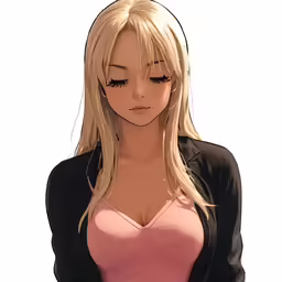 a woman in pink top and black jacket next to an object