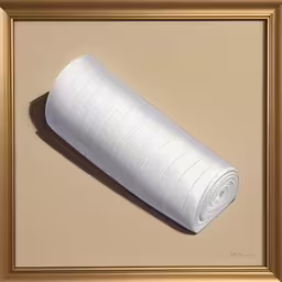 a rolled up towel is hanging on the wall,an oil painting of an object that looks like a rolled up paper towel,a rolled up white piece of paper in front of a gold frame,an artwork with a rolled up rolled up towel,white rolled up piece of paper in a frame