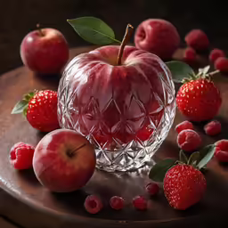 an apple in a glass bowl surrounded by fresh fruits