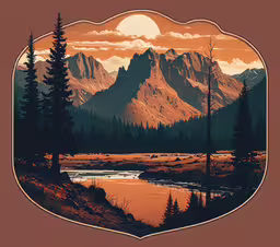 a painting of a mountain landscape, with a pond,a painting of the mountains and rivers are reflected in water