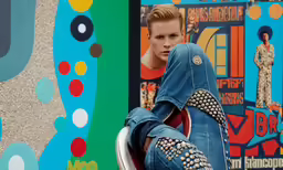a young man poses in front of colorful art